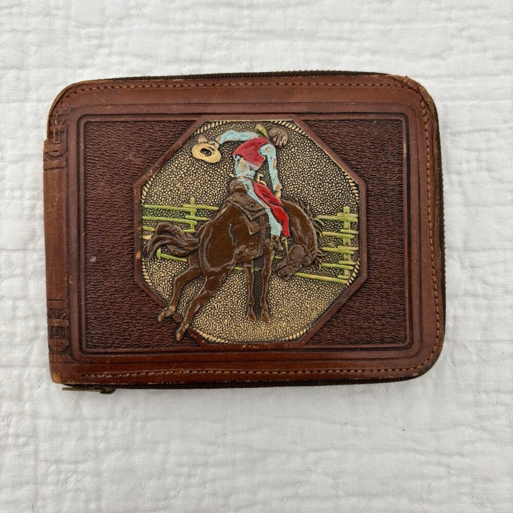 1950s Cowboy Horse Riding Kids Wallet Genuine Leather Talon Zipper